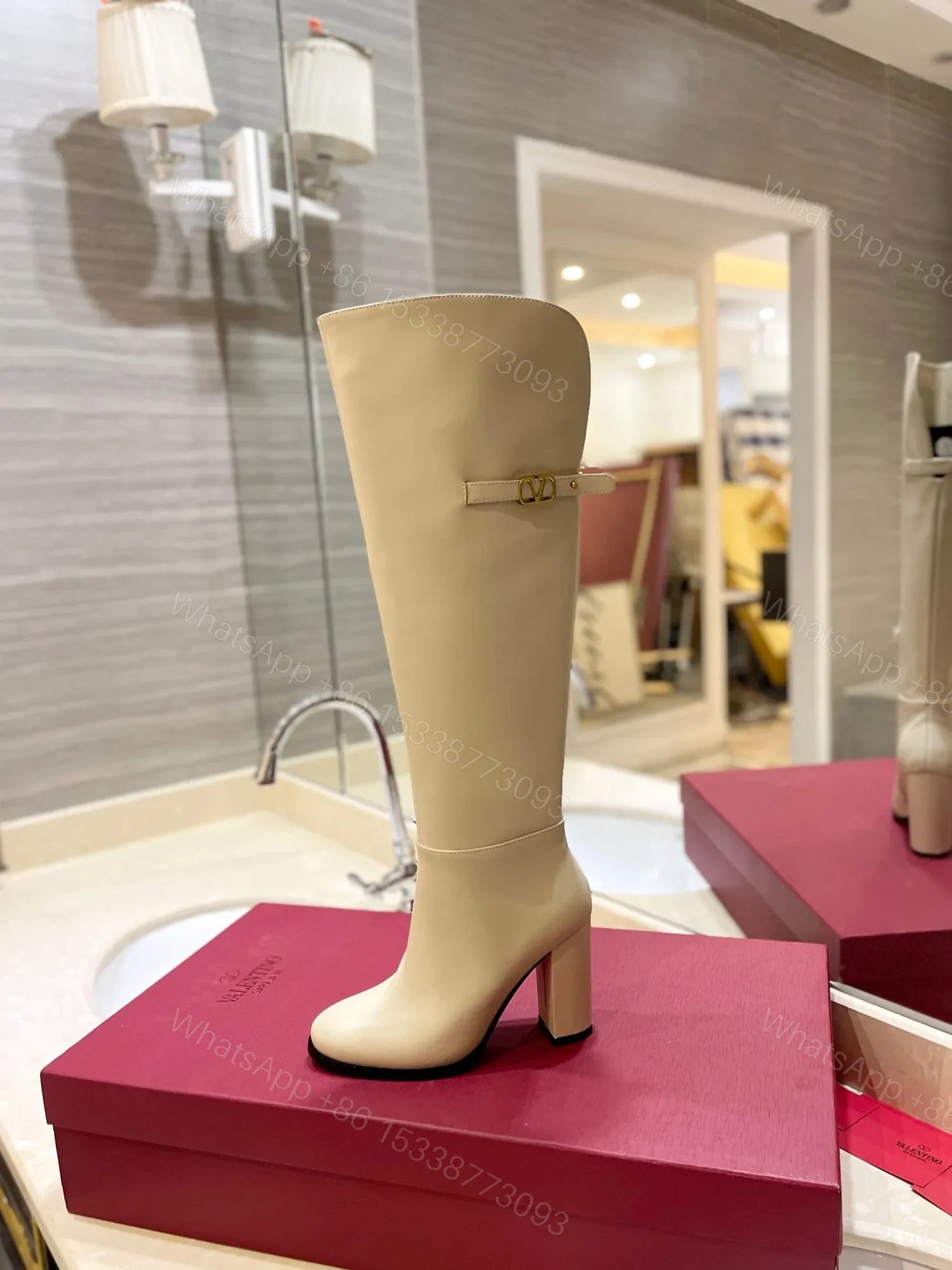 View 5 of Valentino Women Beige Leather Knee High Boots