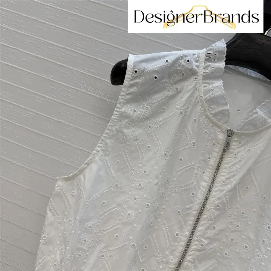 View 3 of Hermes White Lace-Embroidered Sleeveless Zip-Up Top