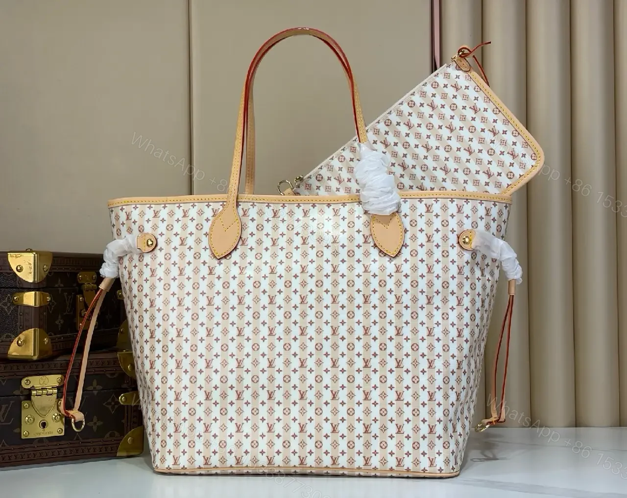 View 5 of White Tote Bag with Brown Trim and LV Monogram Details