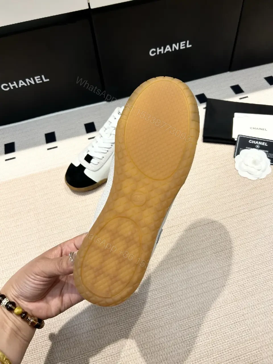 View 5 of White Leather Sneaker with Bold Logo, Gum Sole, Luxury Chic