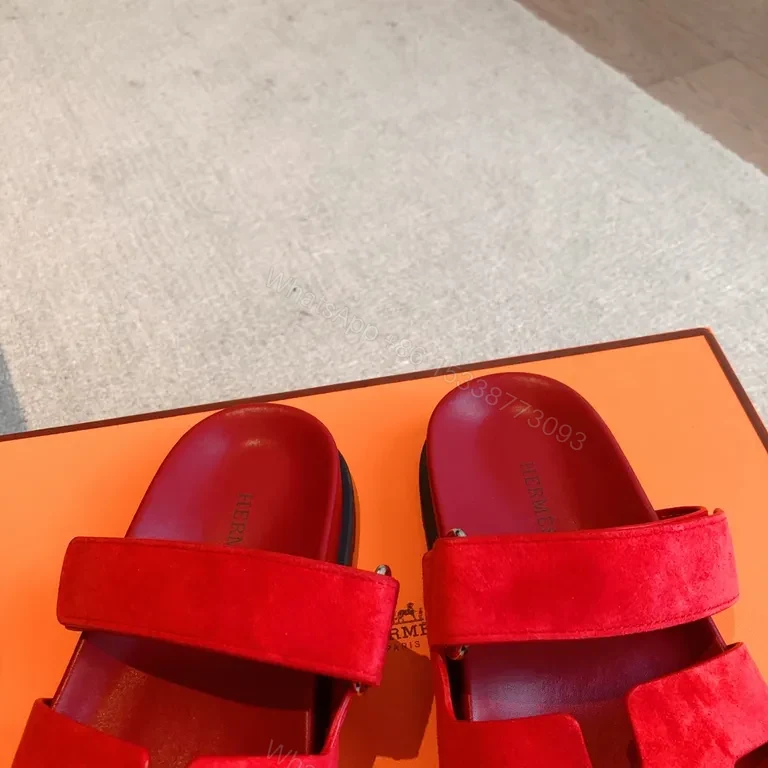 View 6 of Bold Red Suede Sandals â€“ Luxe Comfort, Dual-Stripe Style
