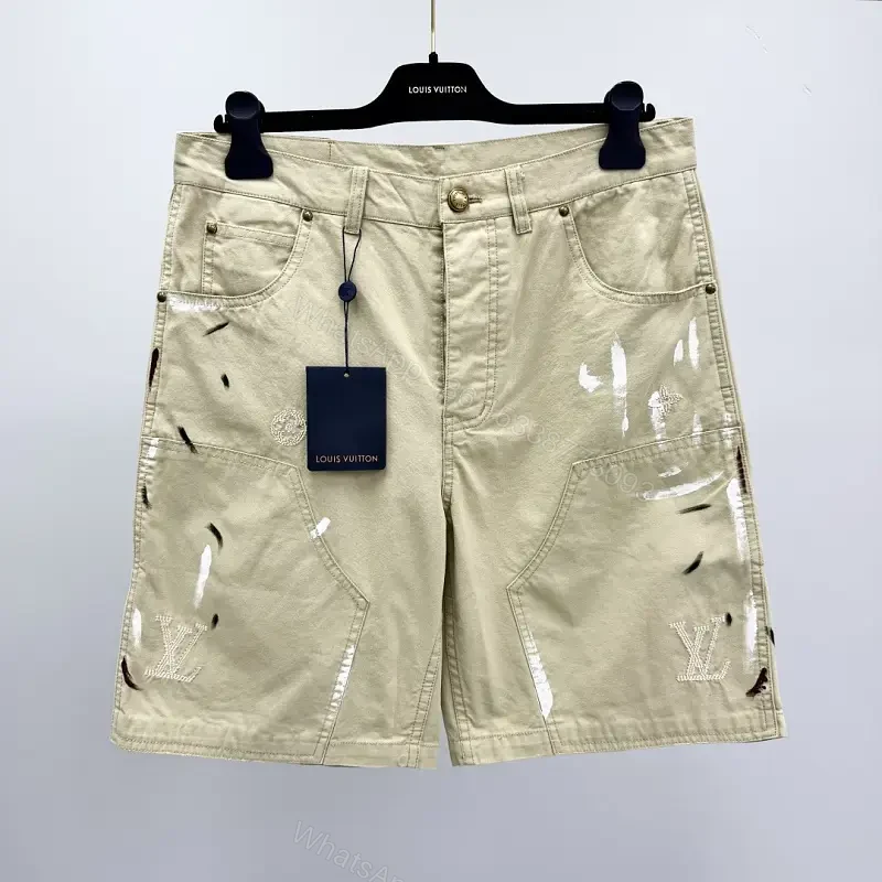 Beige Denim-Style Shorts with LV Details, Distressed Comfort — view 1