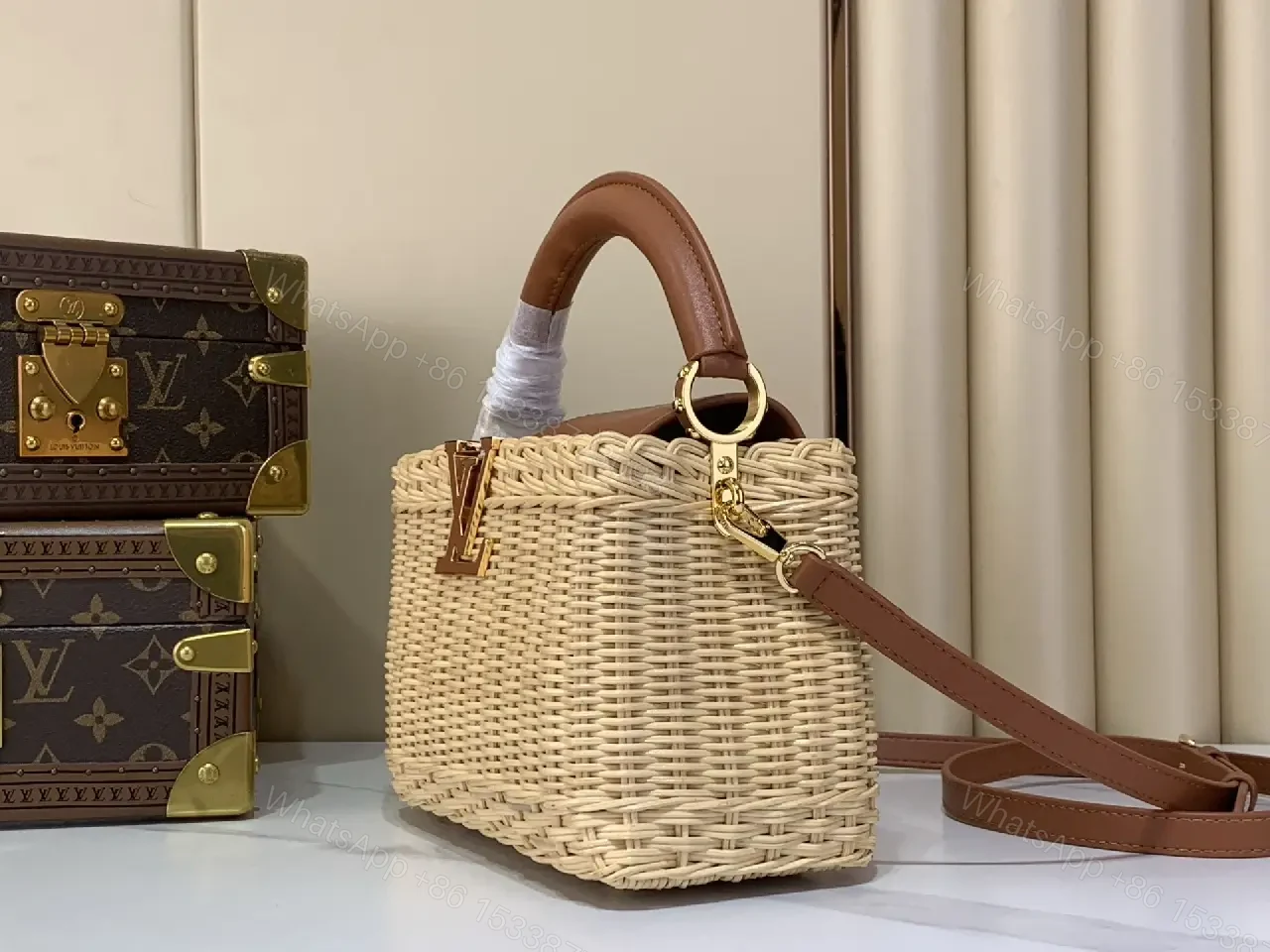 View 5 of Light Beige Straw Tote Bag with Leather Handles & Gold LV Charm