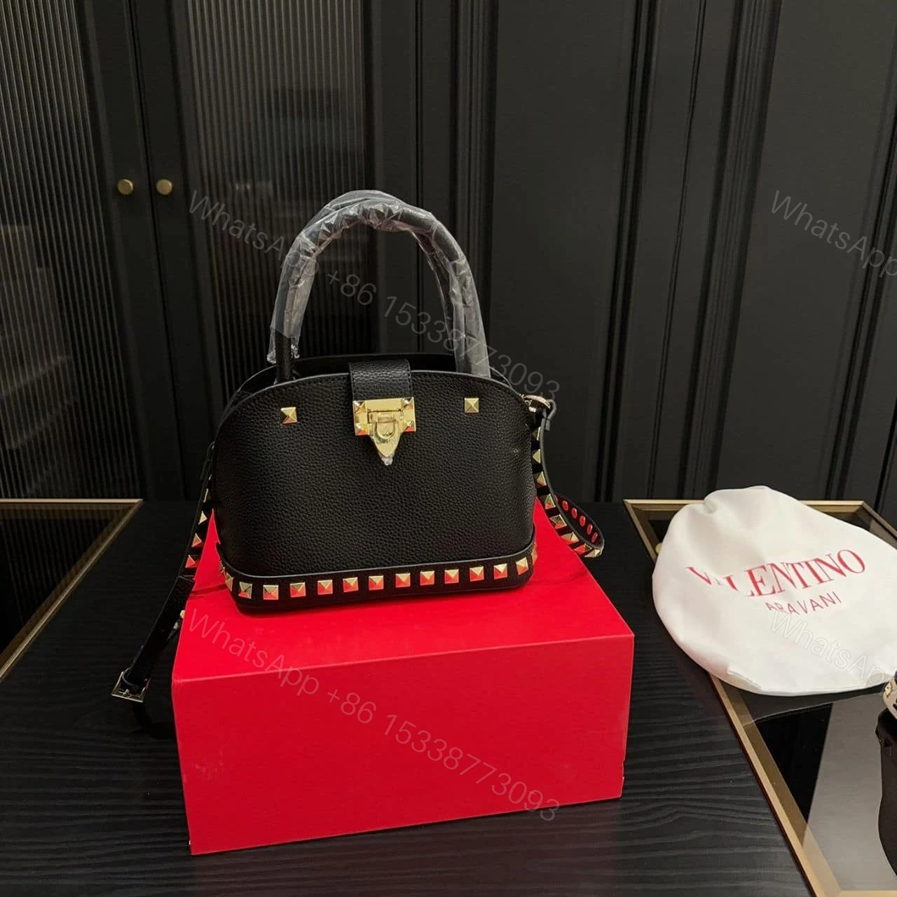 View 2 of VALENTINO GARAVANI ROCKSTUD HANDBAG IN GRAINY BLACK 21CM
