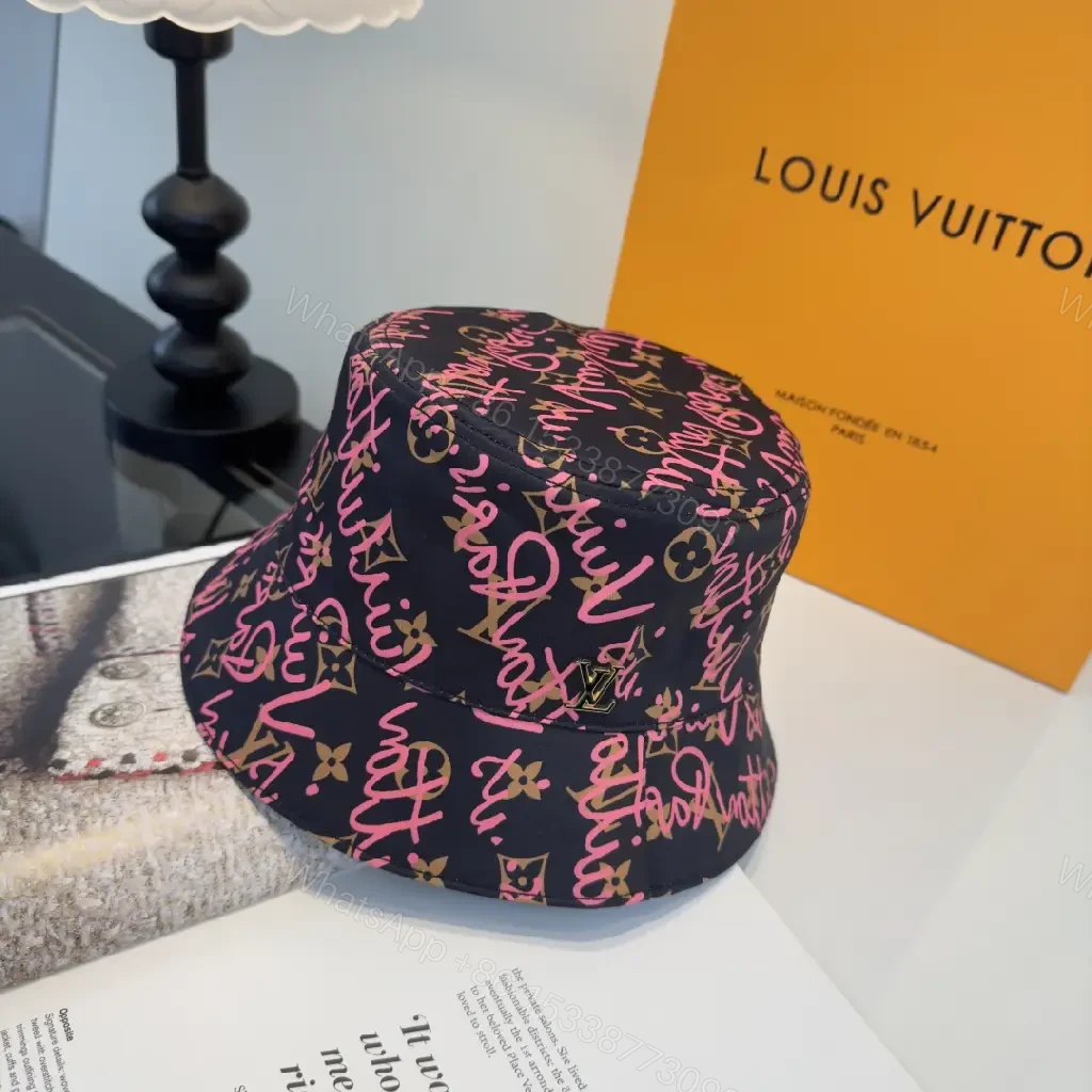 View 3 of Black Canvas Hat with Pink Graffiti Script LV Logos