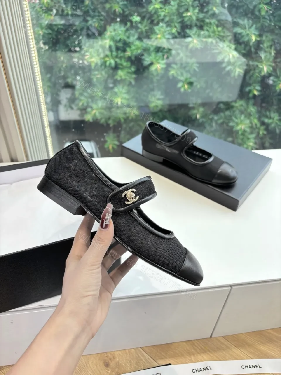 View 2 of Black Canvas & Leather Mary Jane Flats - Designer-Inspired Comfort