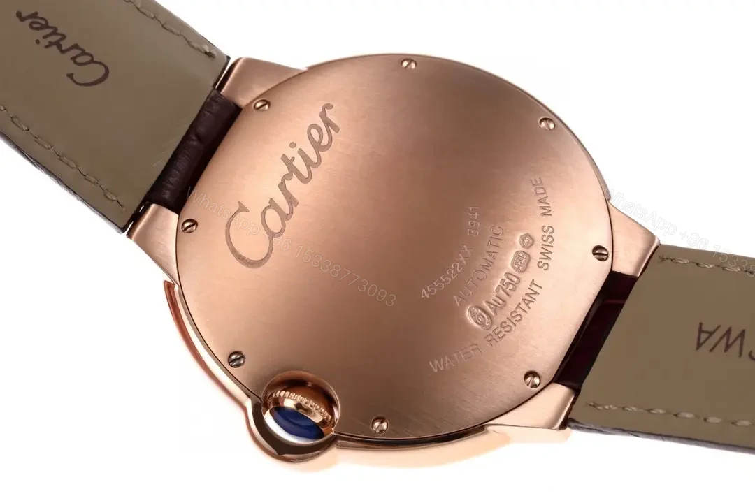 View 9 of V9 Factory Cartier Ballon Bleu 42mm Rose Gold Automatic Watch with Brown Alligator Strap