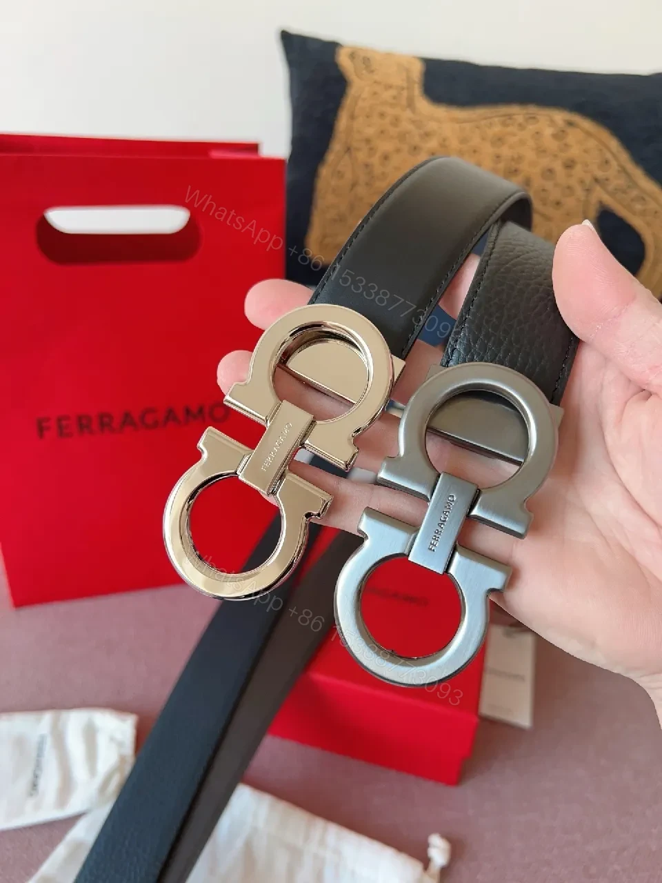 View 8 of Pebble Leather Belt with Bold Ferragamo-Style Buckle, Black, 1.5"