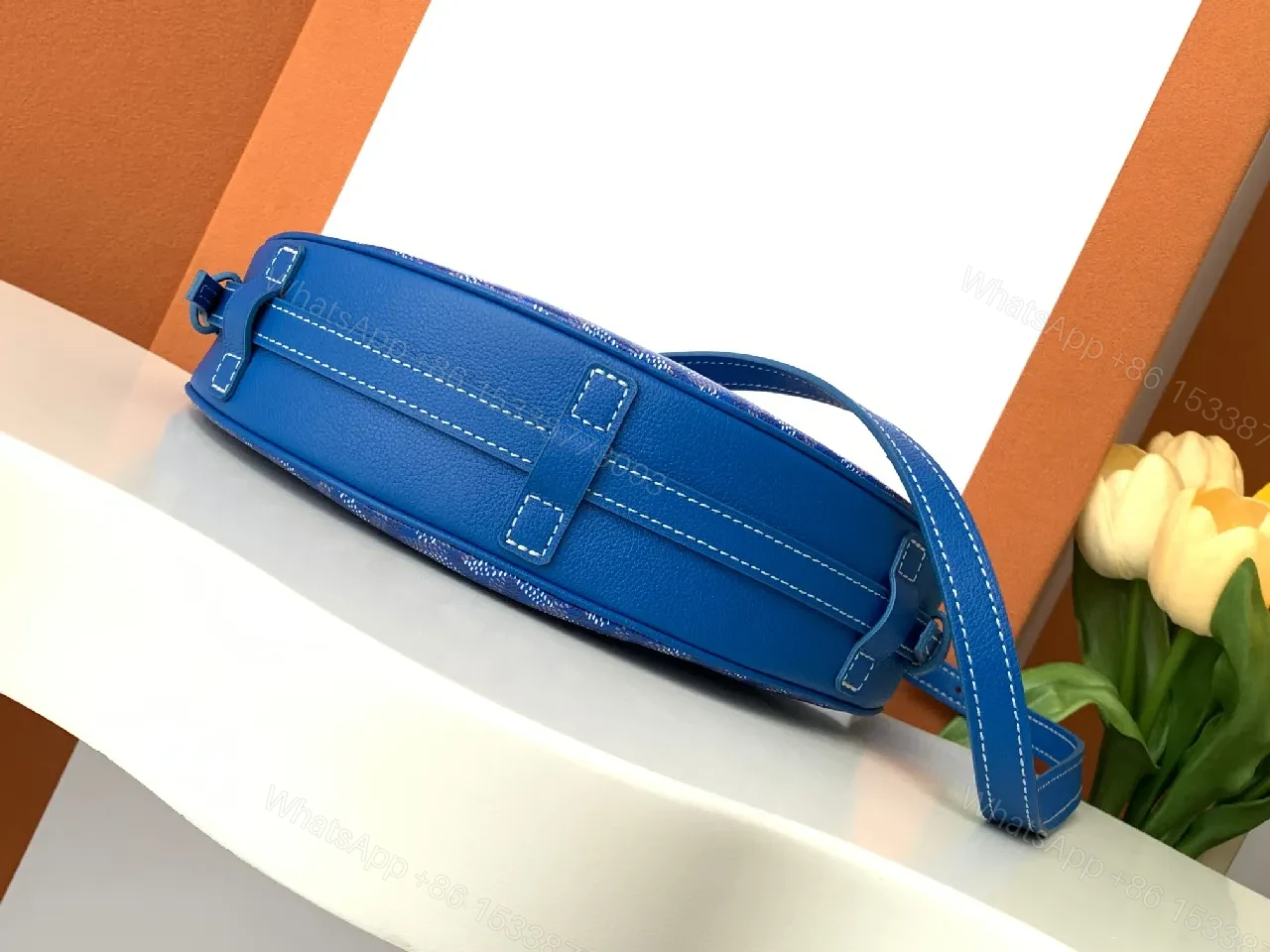 View 3 of Blue Textured Crossbody Bag in Royal Blue Leather