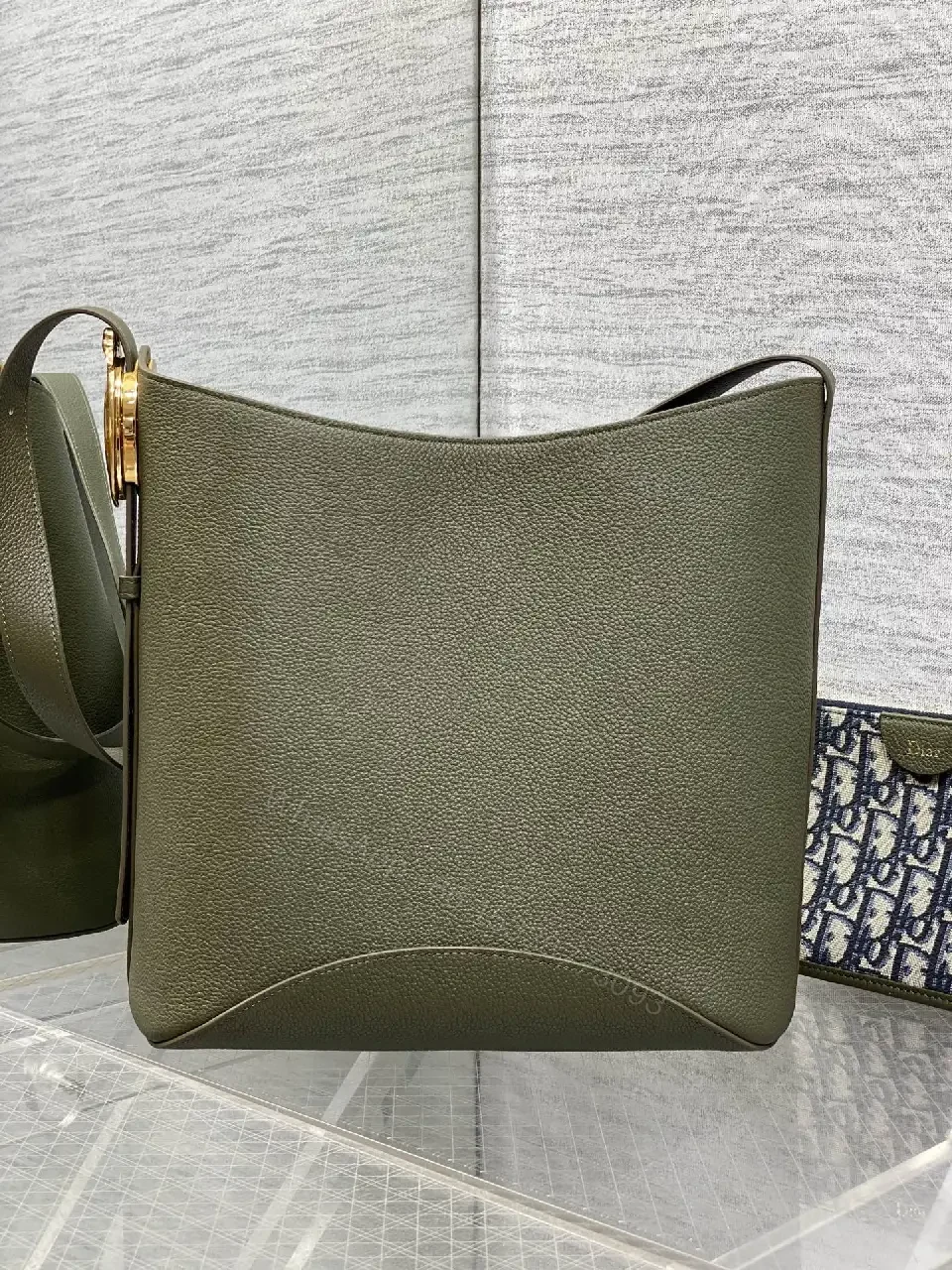 View 5 of Olive Pebbled Leather Satchel with Dior Pattern Card Holder