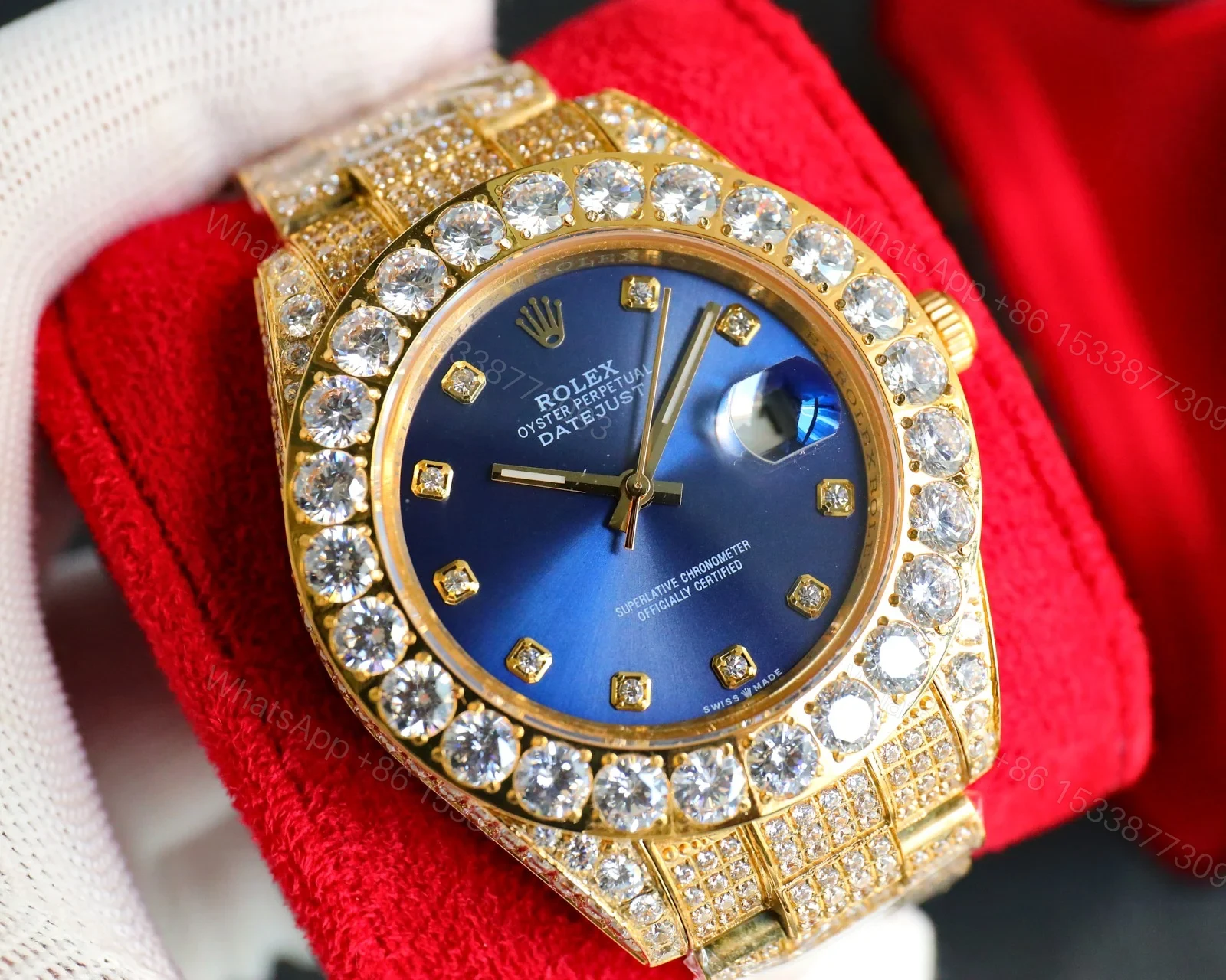 View 4 of Rolex Day-Date Gold Blue Iced Replica 42MM Premium Full Gold Bracelet Blue Dial Edition ROLEX-DD-GOLD-BLU-ICED-FULL-42
