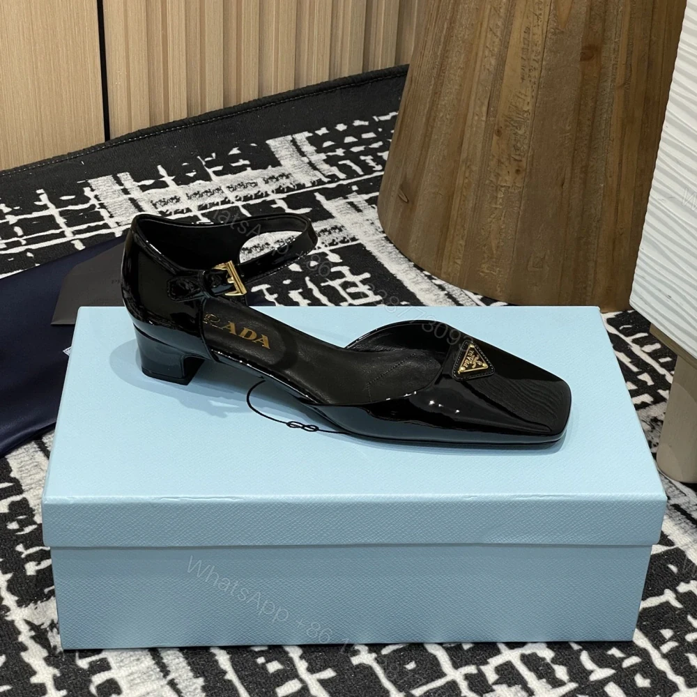 View 4 of 高仿Prada*1l601N方頭粗跟涼鞋3.5CM黑色免檢版