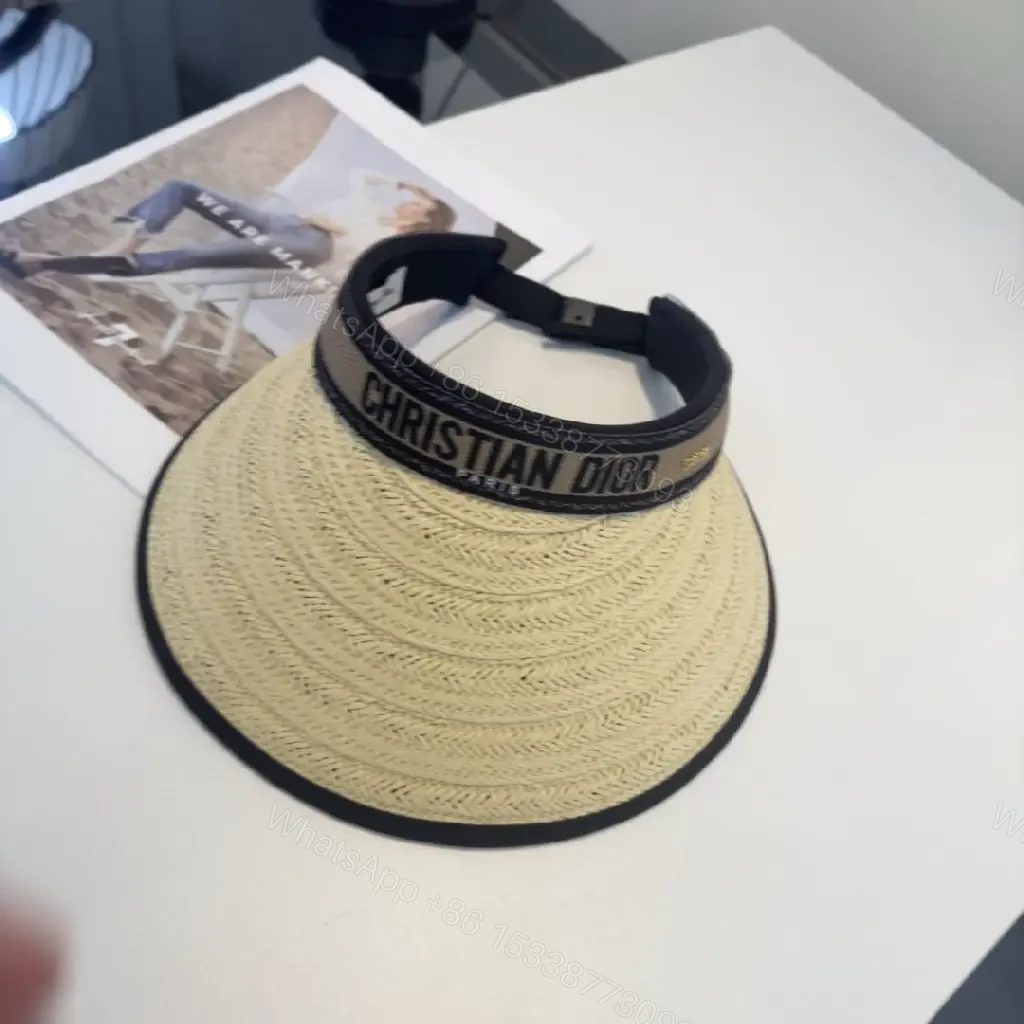 View 8 of Beige Braided Straw Visor Hat with Black Trim and Band