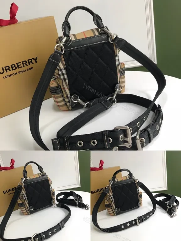 View 7 of Burberry-Inspired Plaid Compact Backpack with Leather Trim