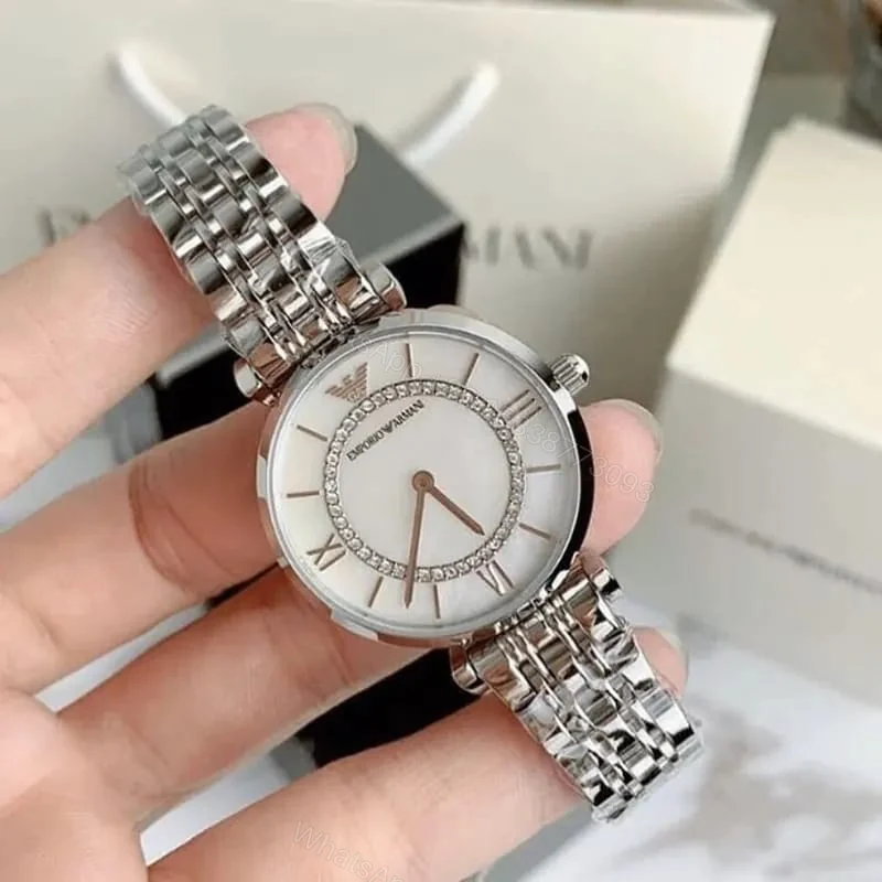 View 3 of First Copy Emporio Armani Silver White Dial Roman Marker Diamond Bezel Women’s Analog Watch