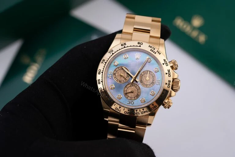 View 6 of Replica Rolex Cosmograph Daytona Yellow Gold Mother of Pearl Dial 40mm