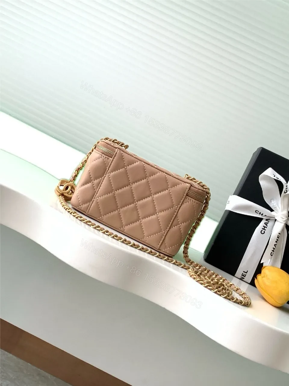 View 4 of Soft Pink Quilted Crossbody with Gold Chain – Everyday Luxury Bag