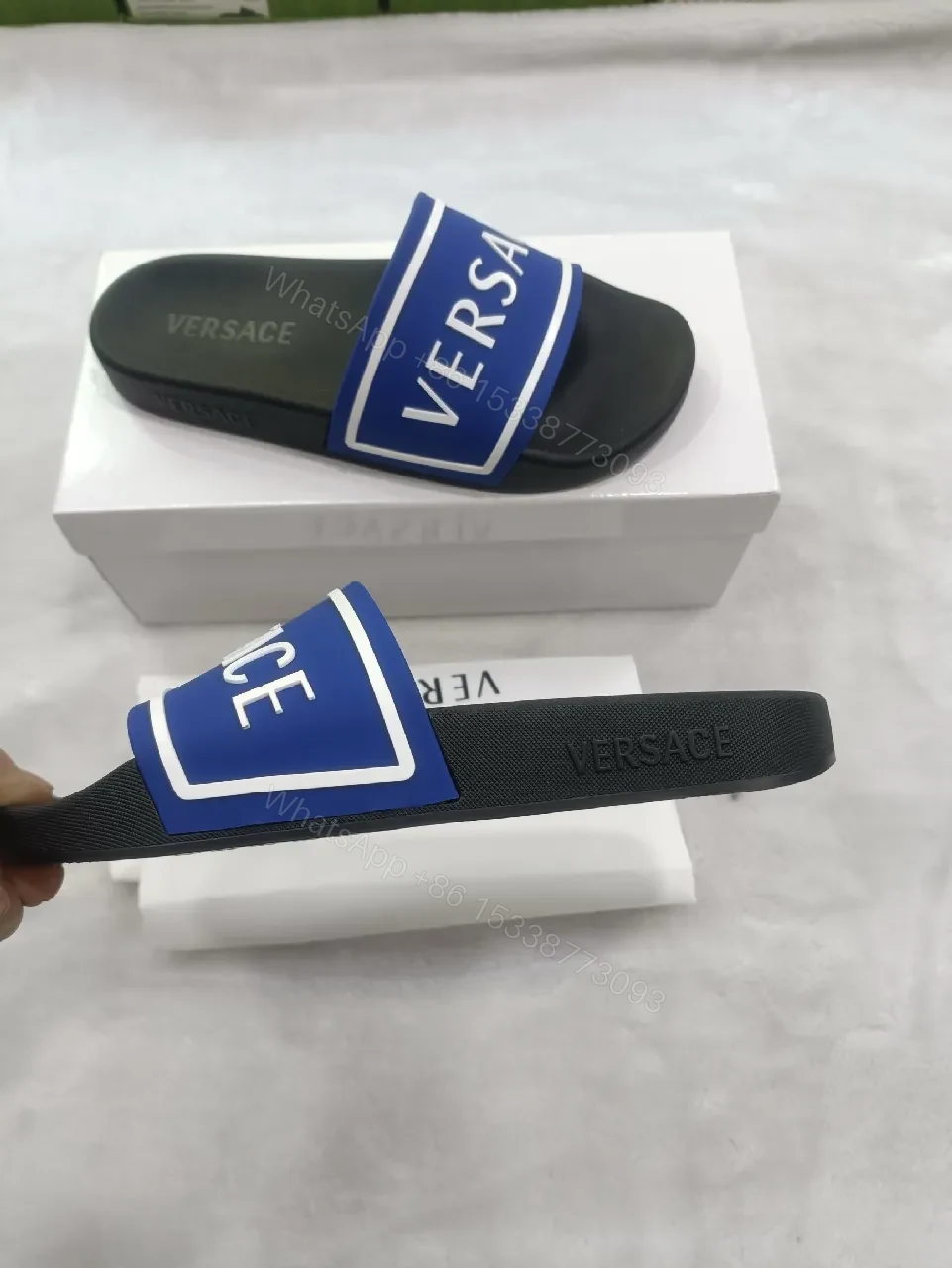 View 2 of Bold Logo Stride Sliders: Blue-White Luxury Comfort Sandals