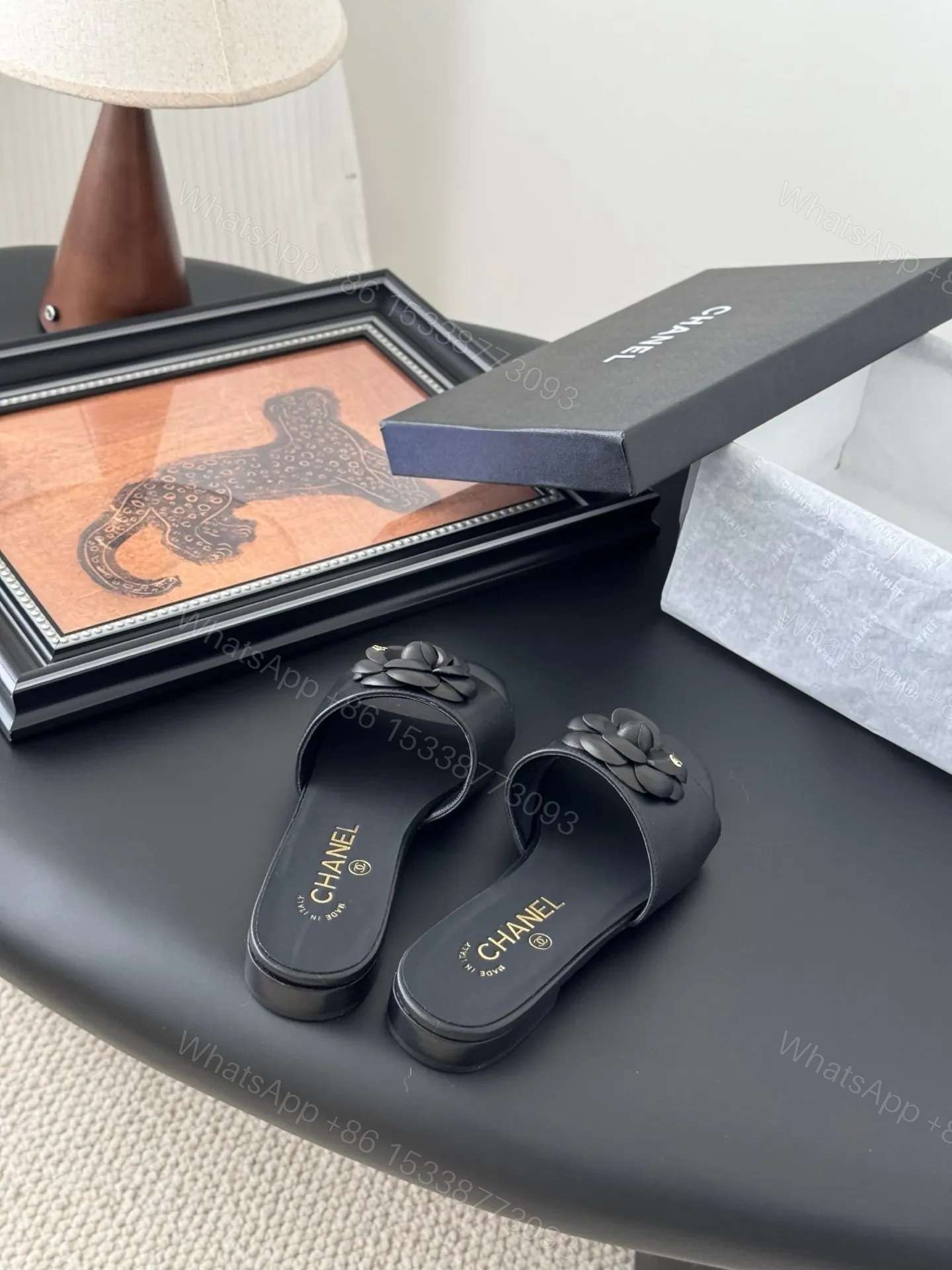 View 5 of Chanel Women Black Leather Flower Detail Slides