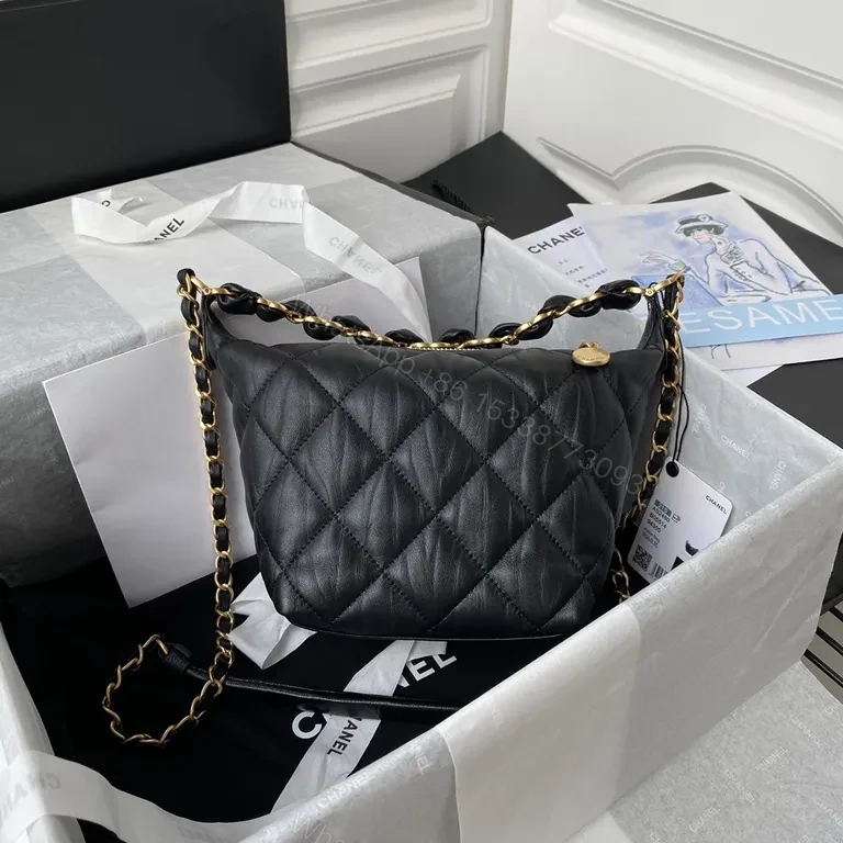 View 9 of Chanel-Inspired Quilted Black Leather Bag with Chain