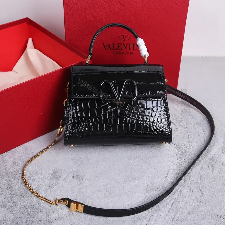 View 3 of Croc-Embossed Satchel: Black Calfskin Valentino Bag