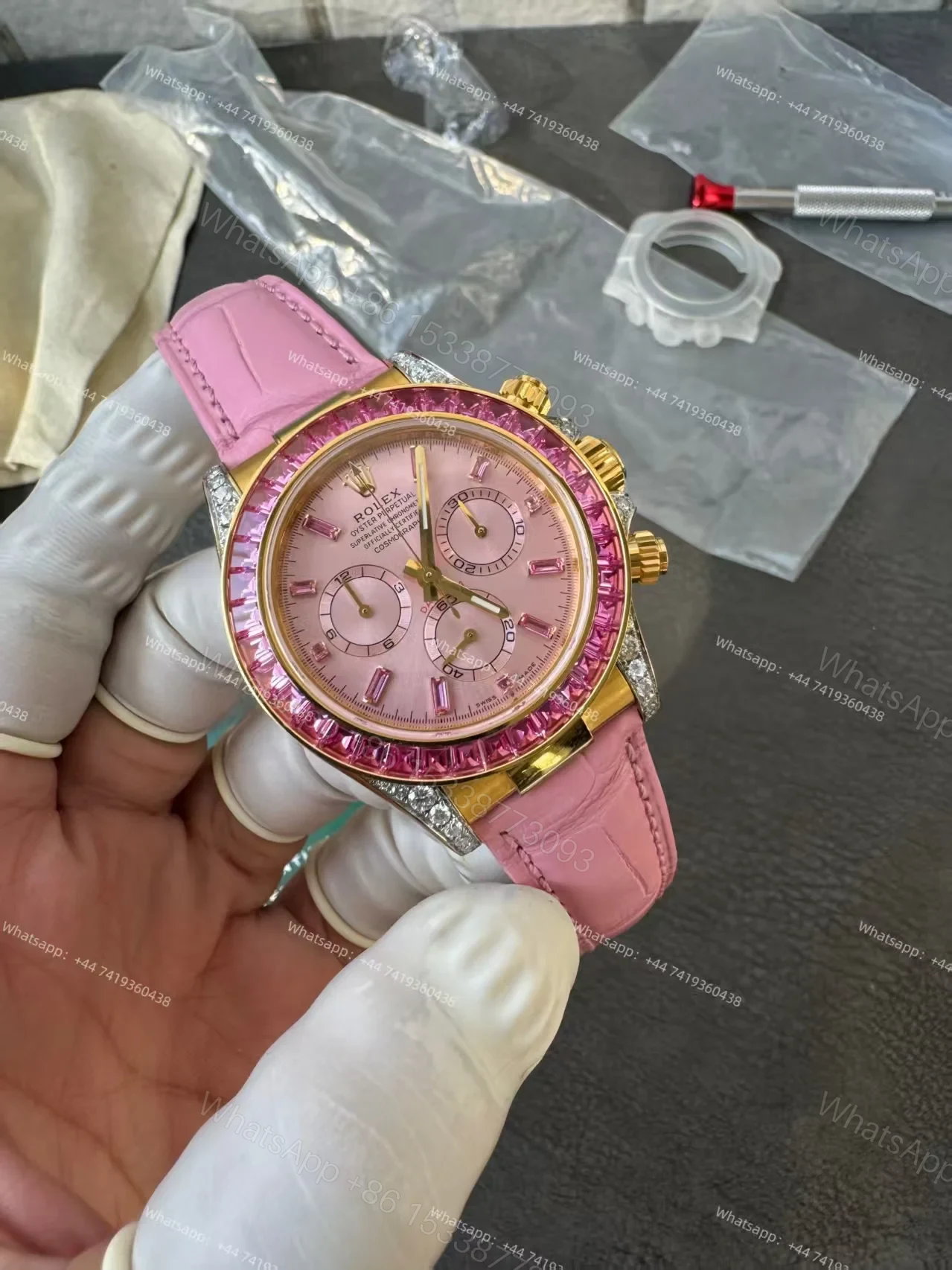 View 5 of Rolex Daytona 126538TRO Pink Dial with Diamond Indexes Pink Sapphire Bezel on Pink Leather Strap Best Super Clone