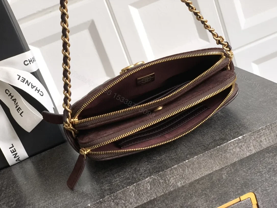 View 8 of Small Leather Crossbody: Diamond Quilt, Gold Logo, Velvet Trim, Everyday Luxe