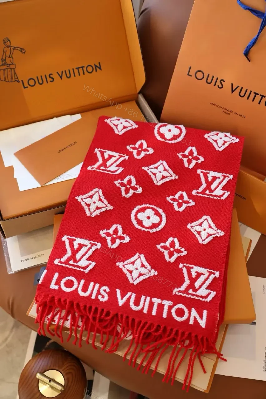 View 4 of Bold Red Monogram Silk-Blend Scarf with Luxe Fringe Accent