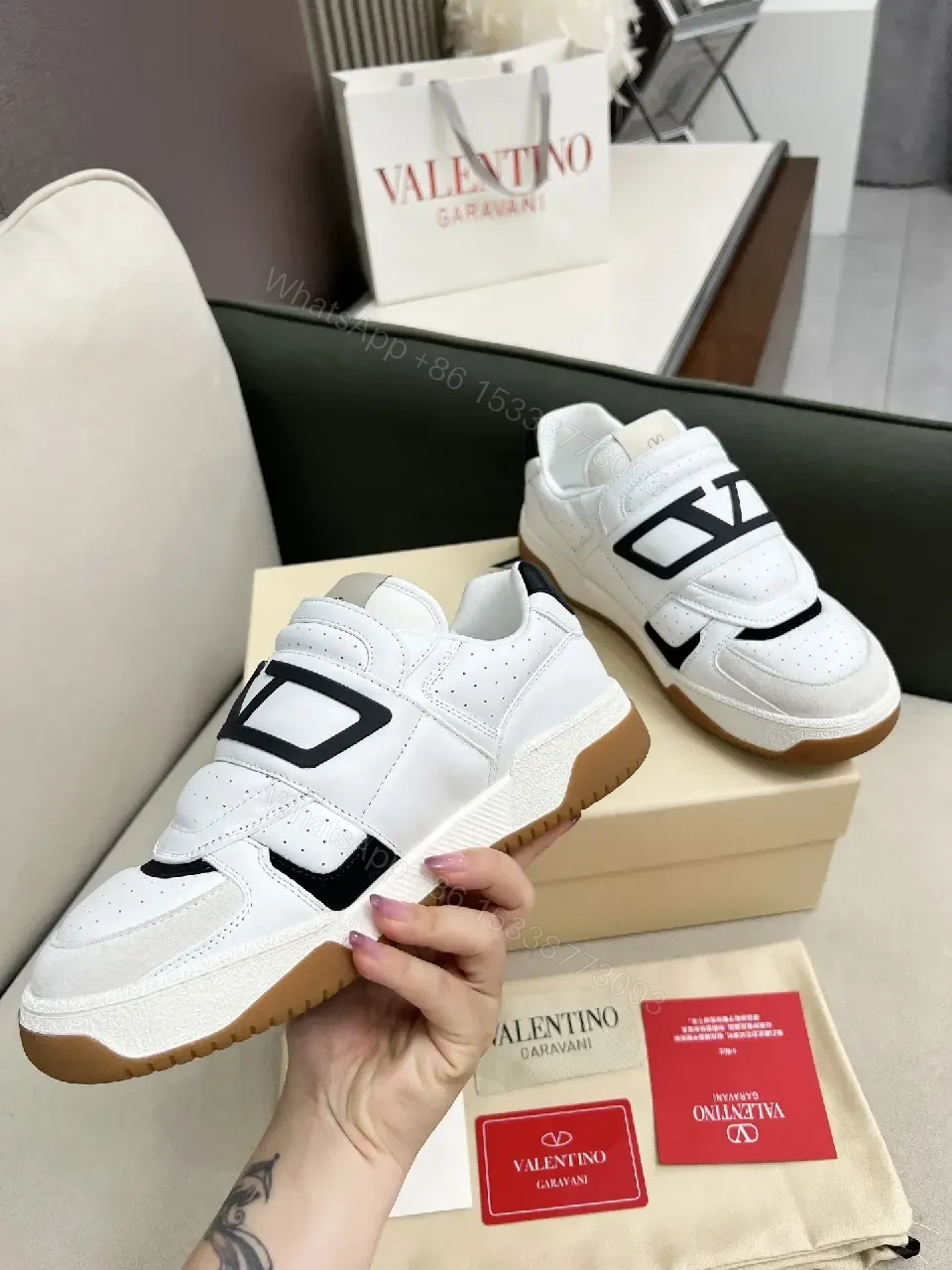 View 8 of White Leather High-Top Sneakers with Geometric Hardware