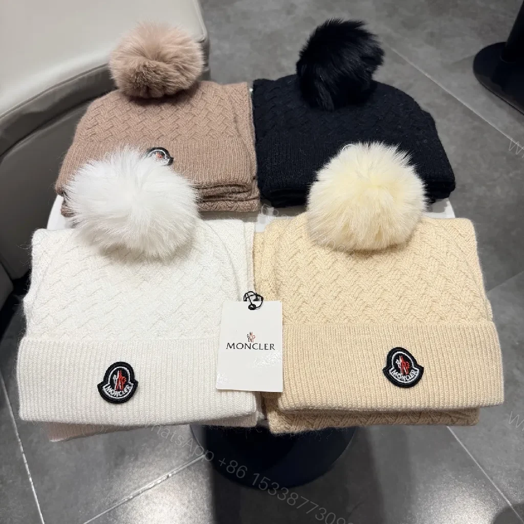 View 2 of Camel Knit Set: Plush Beanie & Scarf with Crest Detailing