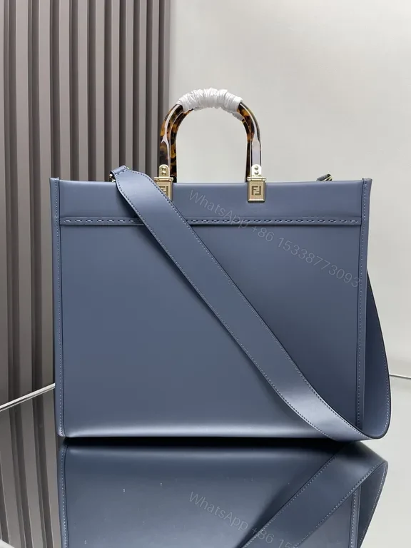 View 2 of Blue Fendi Structured Tote: Bold Logo, Tortoise Handles, Gold Hardware