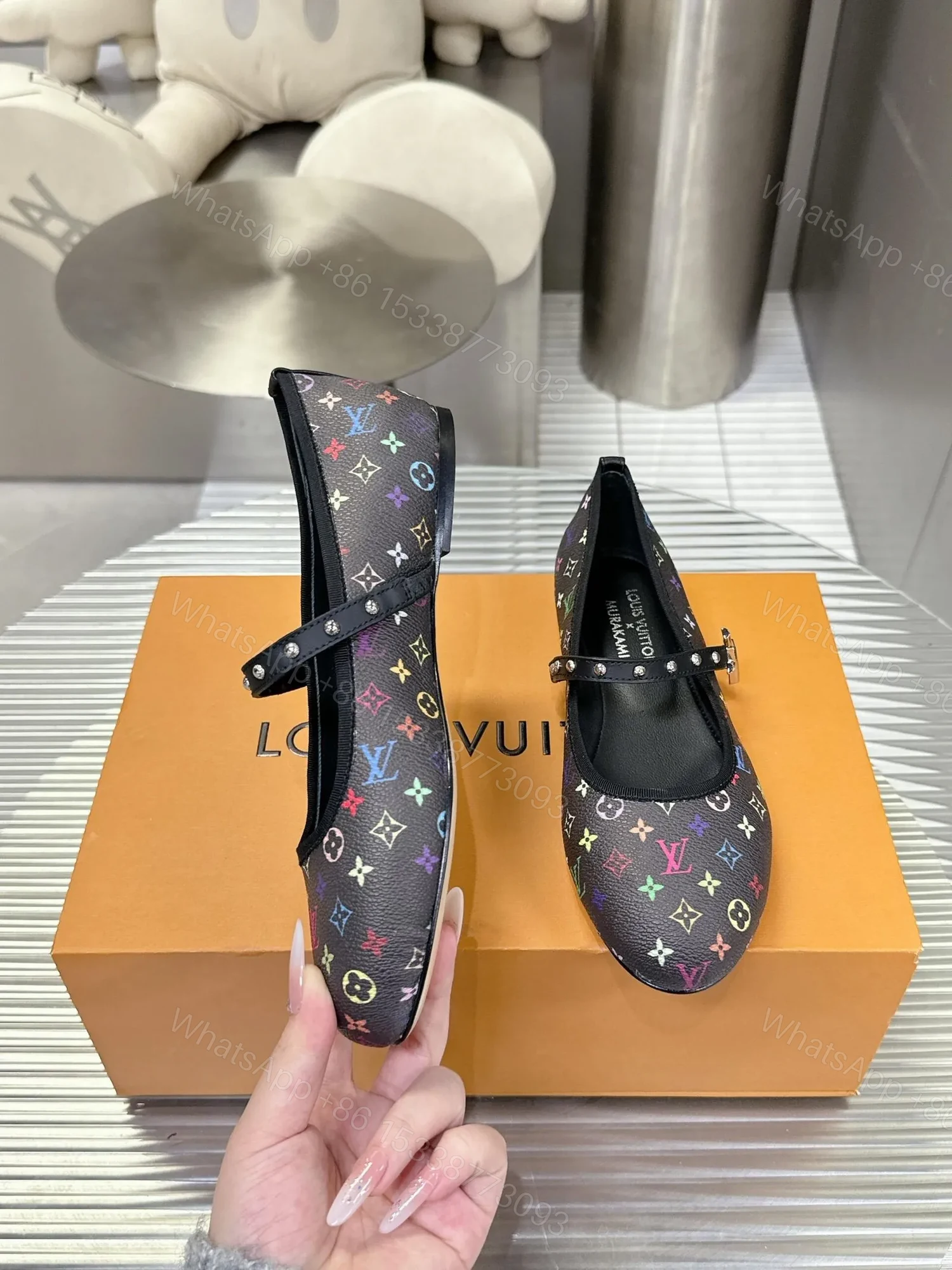 View 4 of LV Women Black Leather Multicolor Monogram Mary Jane Flats
