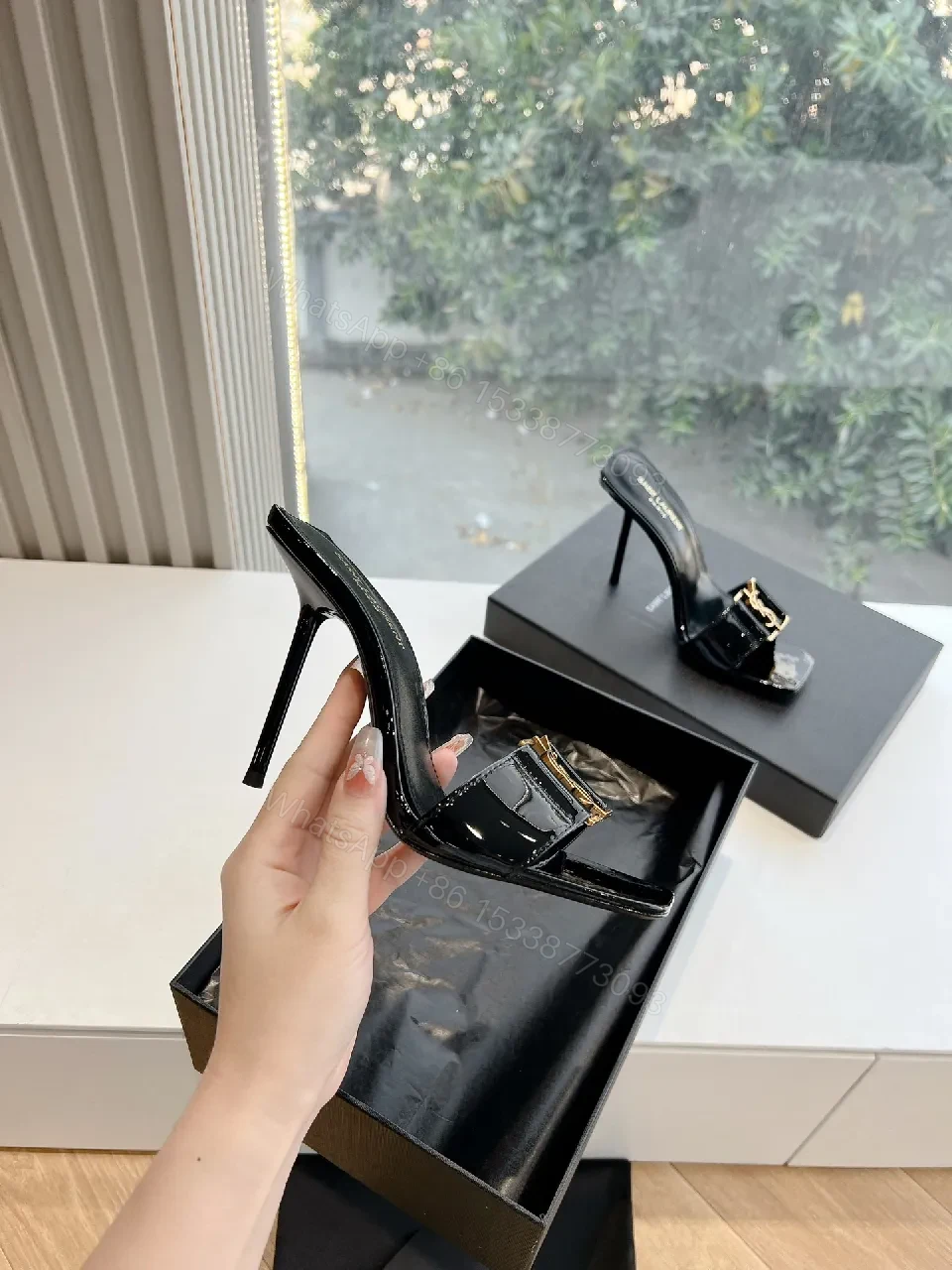 View 7 of Glossy Black Patent Heels with Gold Hardware Mules