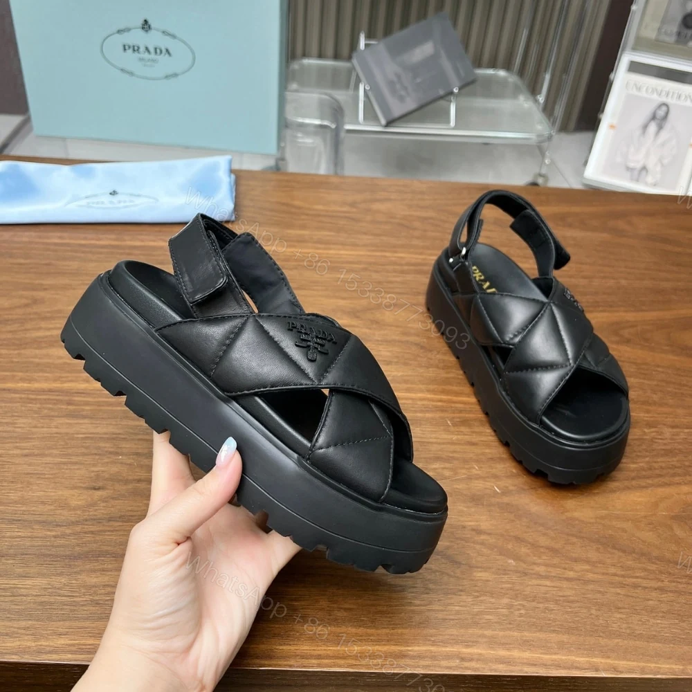 View 4 of PRADA NAPPA LEATHER CRISSCROSS FLATFORM SANDALS BLACK 1XZ777 038 F0002 F 045