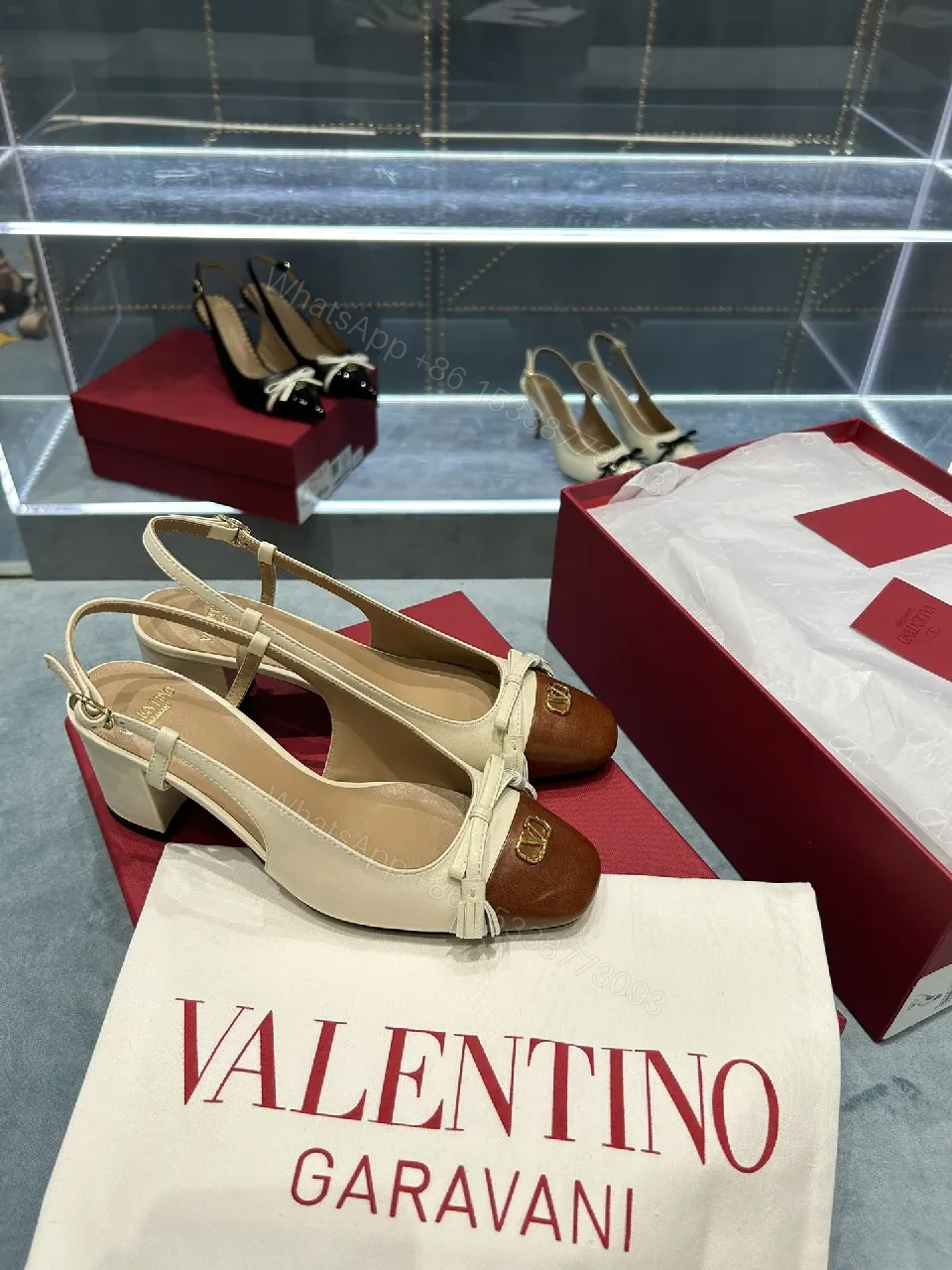 View 8 of Cream Leather + Velvet Toe + Two-Tone Slingback + All-Day Comfort Pumps