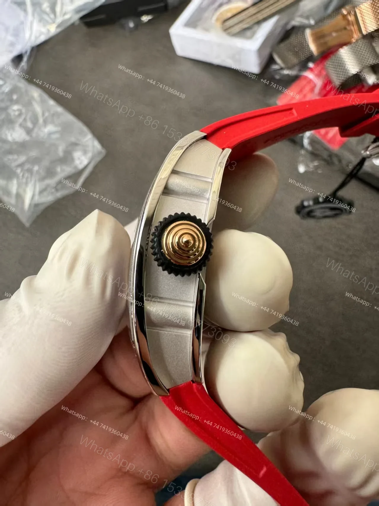 View 8 of Super Clone Richard Mille RM 07 Full Diamond 1:1 Replica Watch with Red Rubber Strap