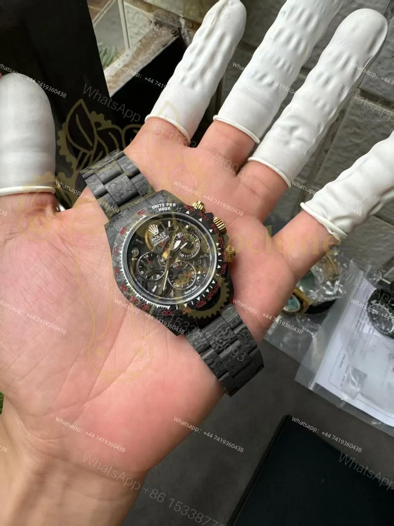 View 5 of Rolex Super Clone Carbon Fiber Daytona Skeleton Red Accents Gold Pushers