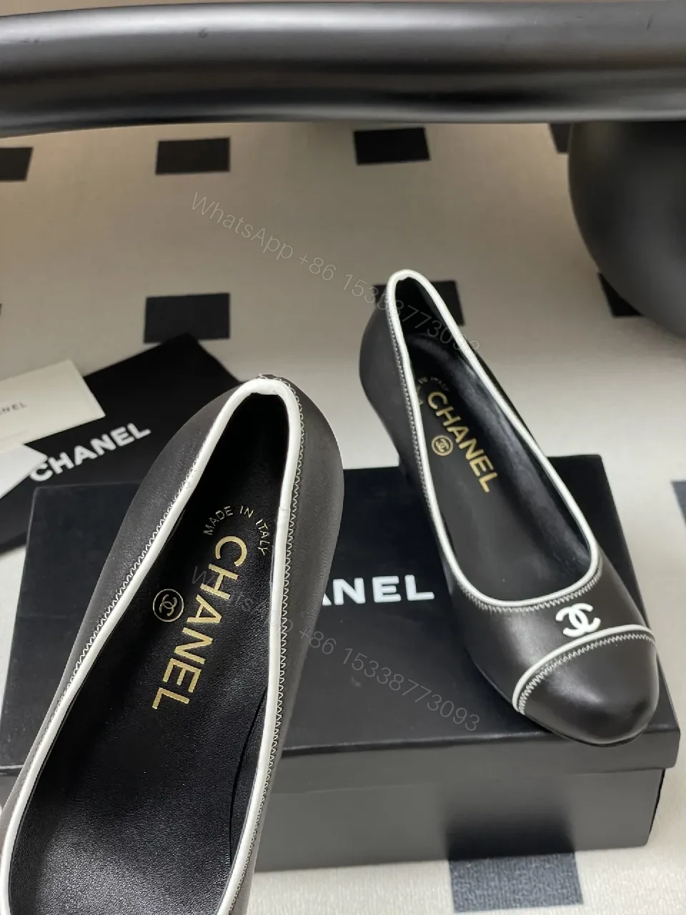 View 5 of Black Leather Heels - White Piping, Logo Detail, 2.5" Heel