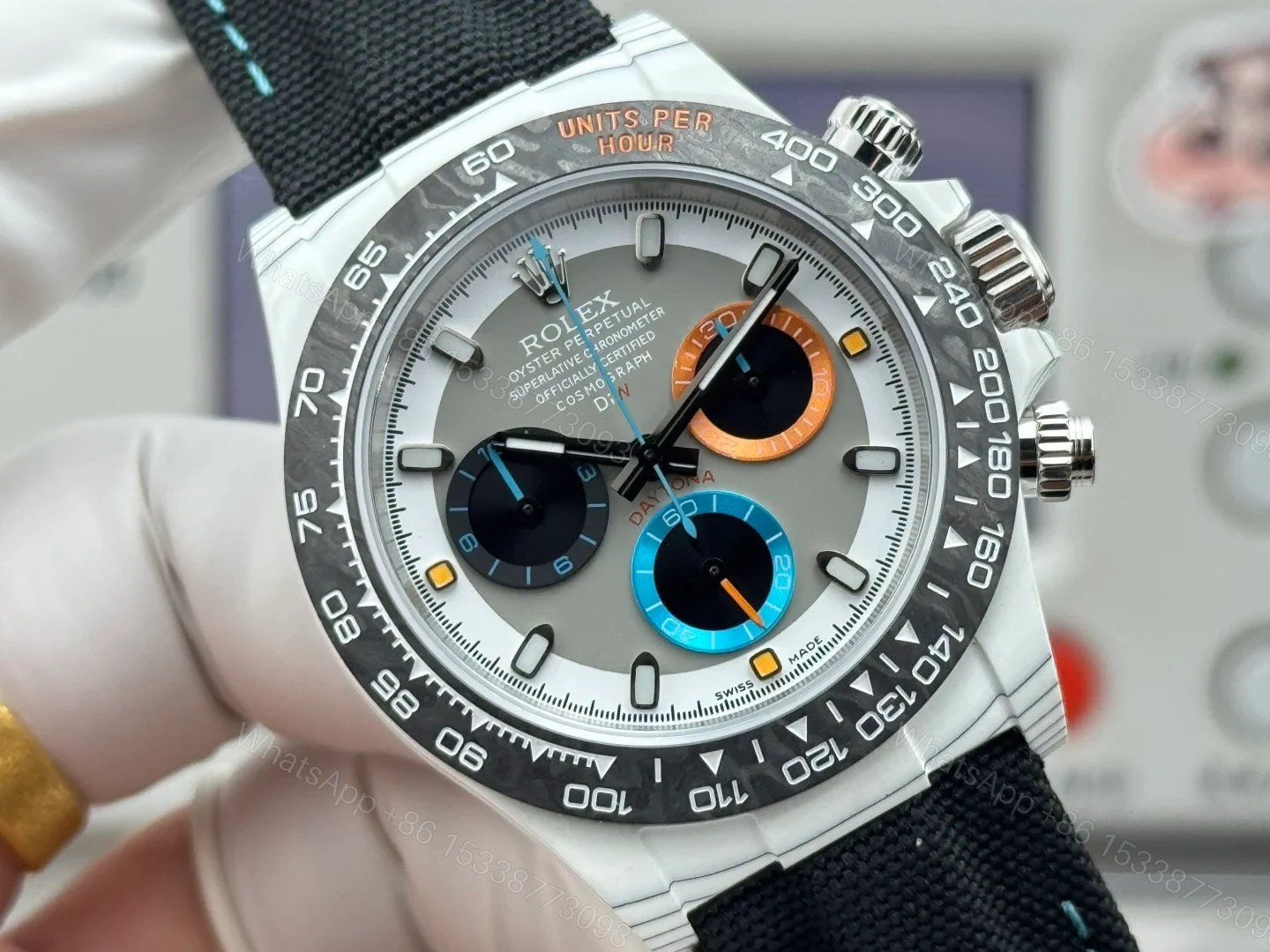 View 4 of Rolex Daytona Grey Carbon Fiber Replica 40MM Premium Black Fabric Strap RG-DAYTONA-GREY-CF-40