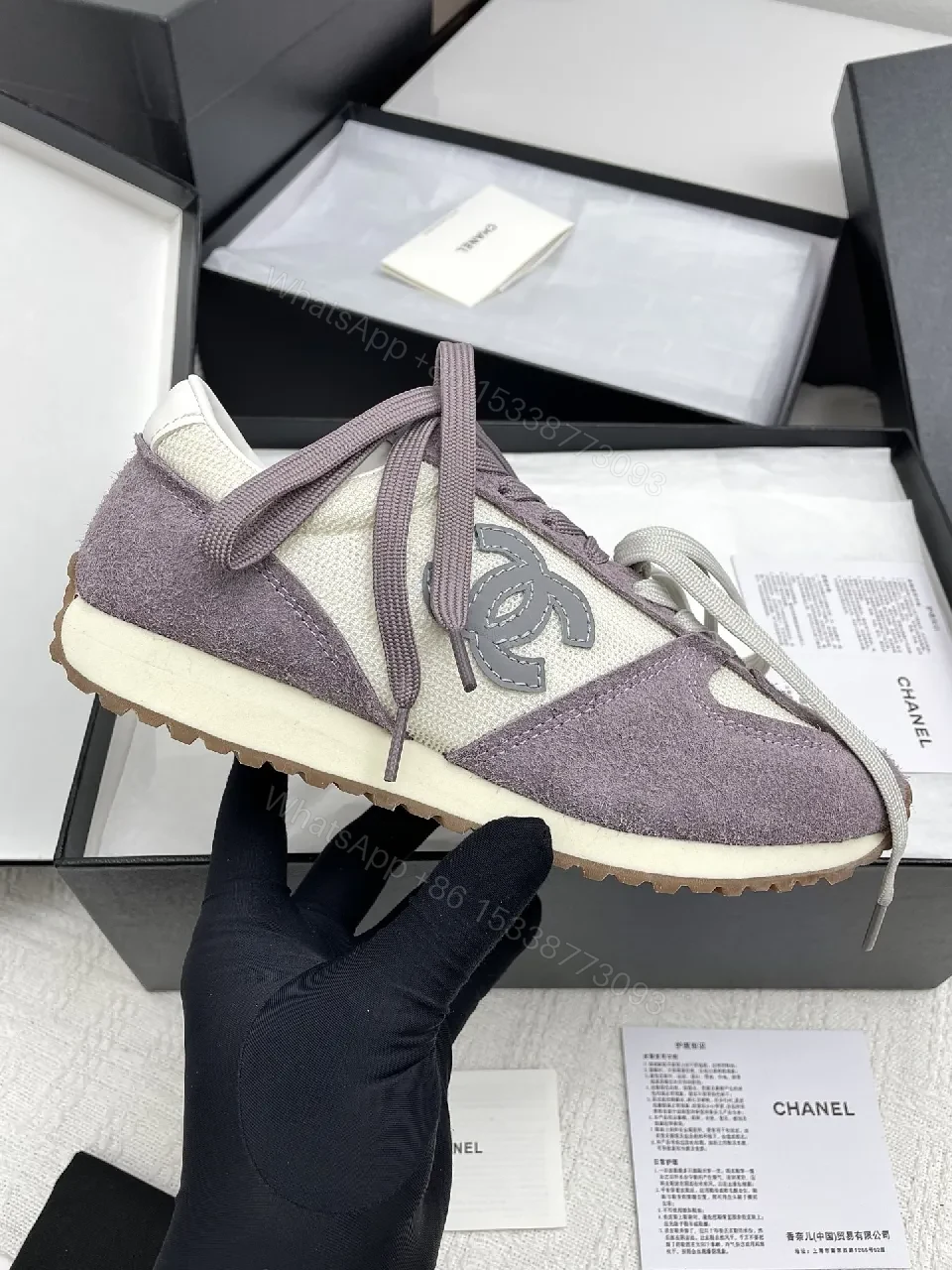 View 5 of Lavender Suede & Cream Knit High-Top Sneakers – Luxury Chic Style