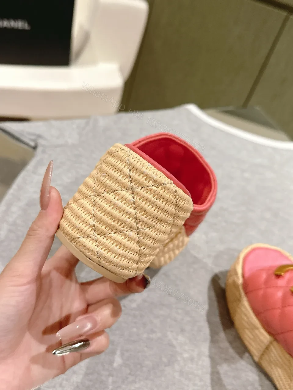 View 7 of Pink Quilted Espadrille Platform Sandals with Metallic Hardware
