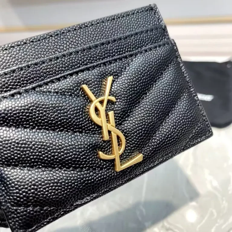 View 2 of Sleek Black Quilted Leather Cardholder with Gold YSL Logo