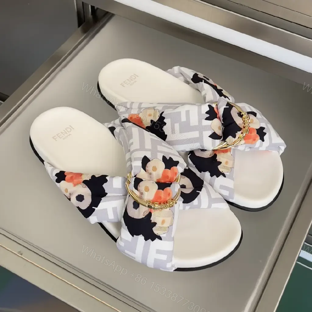 View 8 of Floral-Print Luxury Slides: Gold-Hardware Comfort Pair