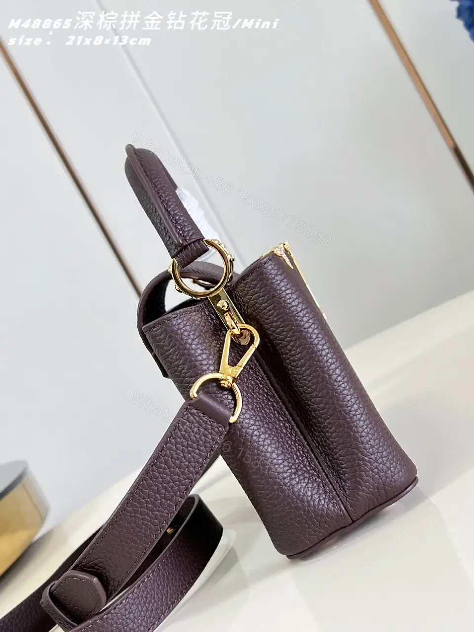 View 2 of Compact Pebbled Leather Handbag with Gold Hardware, Brown, Crossbody/Top Handle