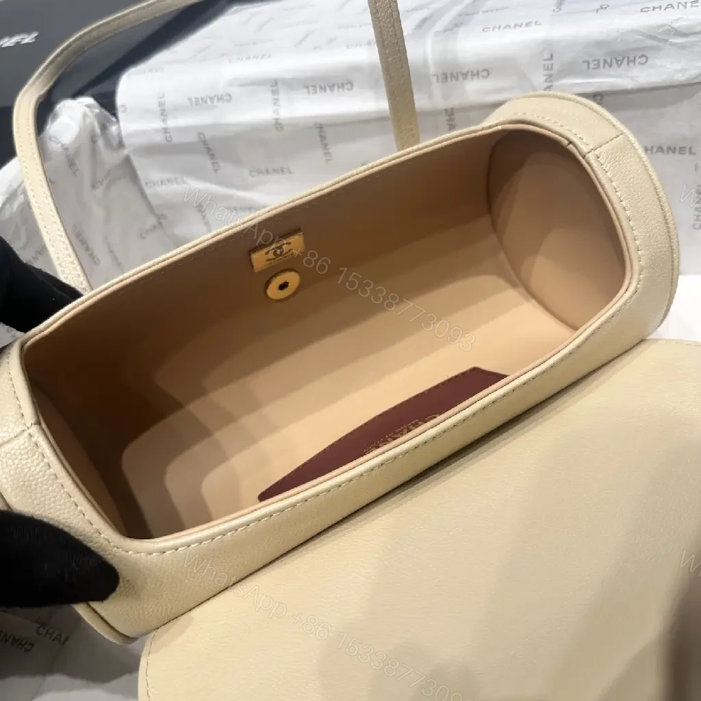 View 4 of Beige Leather Pebbled Small Top-Handle Bag with Gold Chanel Clasp