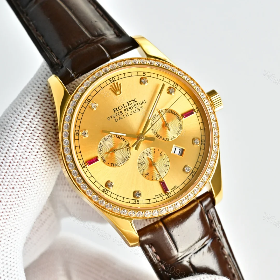 View 3 of Rolex Datejust R76 Gold Replica 41MM Premium Leather Strap Multi-Function Edition RG-ROLEX-DJ-R76-GOLD-LTH-41