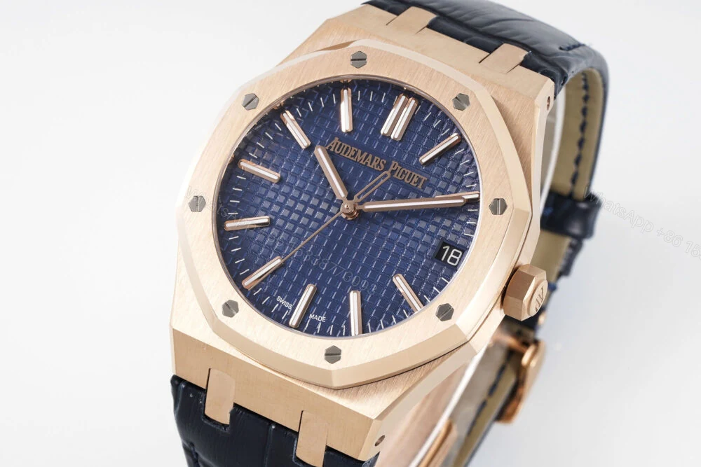 View 2 of Royal Oak 41mm 15510 “50th Anniversary” RG APSF 1:1 Best Edition Blue Dial on Blue Leather Strap Super Clone