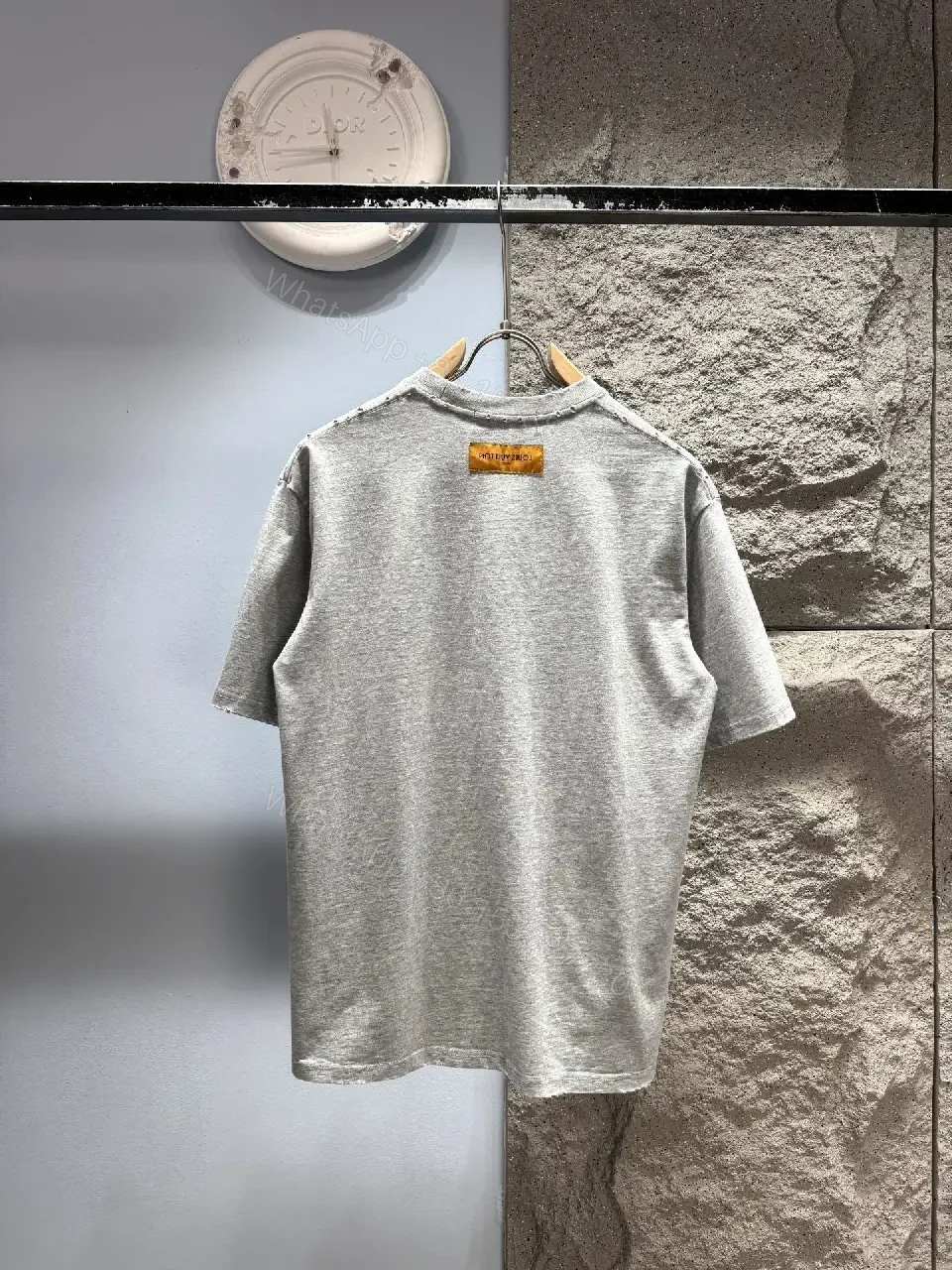 View 7 of Grey Cotton Tee with Subtle LV Embroidery, Relaxed Crewneck, Mid-Weight Comfort