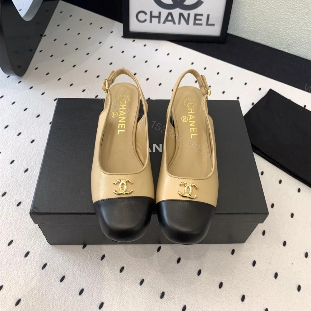 高仿Chanel*G45768D圓頭露跟單鞋小牛皮黃色3.5CM免檢版 — view 1