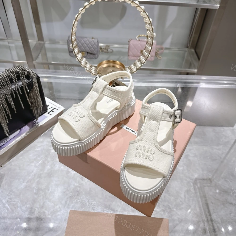 View 3 of MIUMIU DENIM FLATFORM SANDALS IVORY 5X402E CSL F0304 F 045